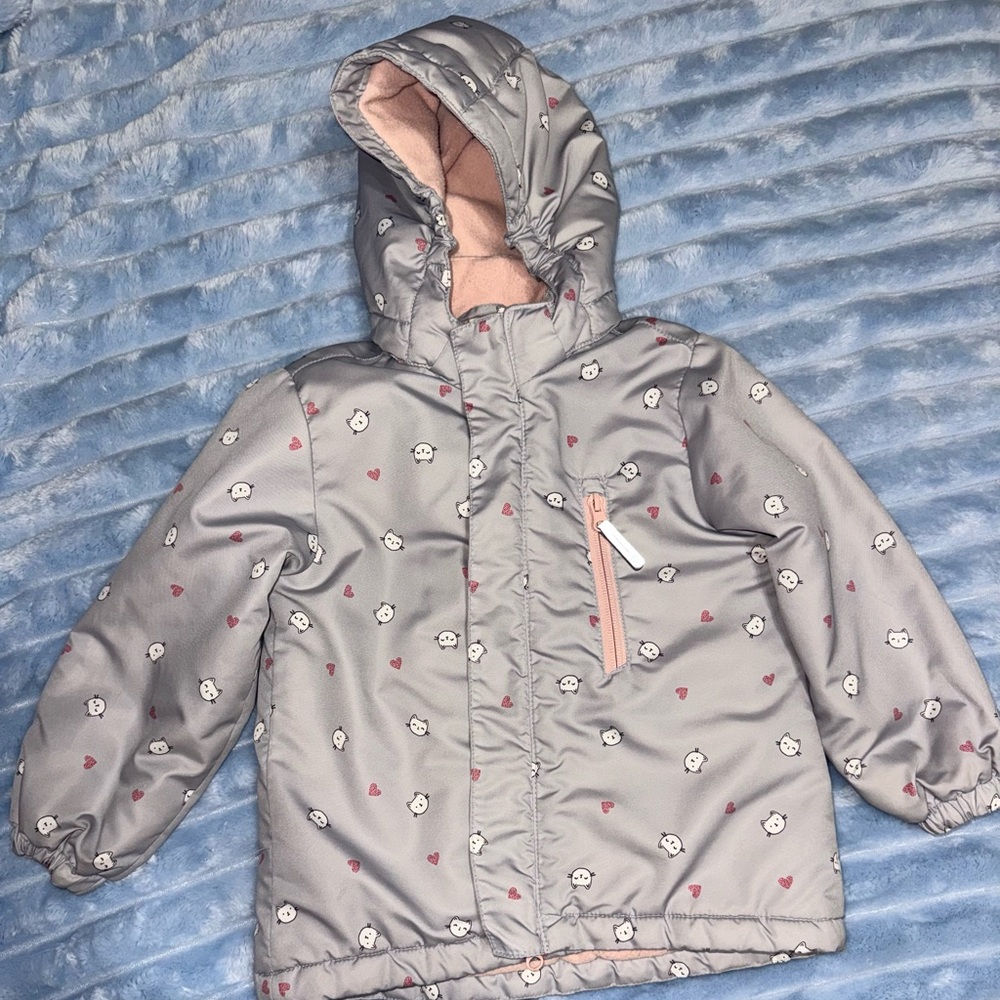 H&M Girl Puffer Jacket Hooded Gray Cats And Hearts Pattern Winter Coat Size 3-4T